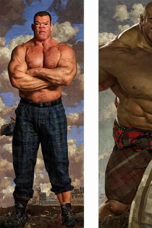 Image similar to upper body and head portrait of huge hulking absurdly muscular jocko willink as marvel character wearing plaid shirt and pants against simple background by alex ross and jack kirby and sergey kolesov and jason fabok and lawrence alma tadema and norman rockwell and greg staples, photoreal, cinematic, 4 k, high detail
