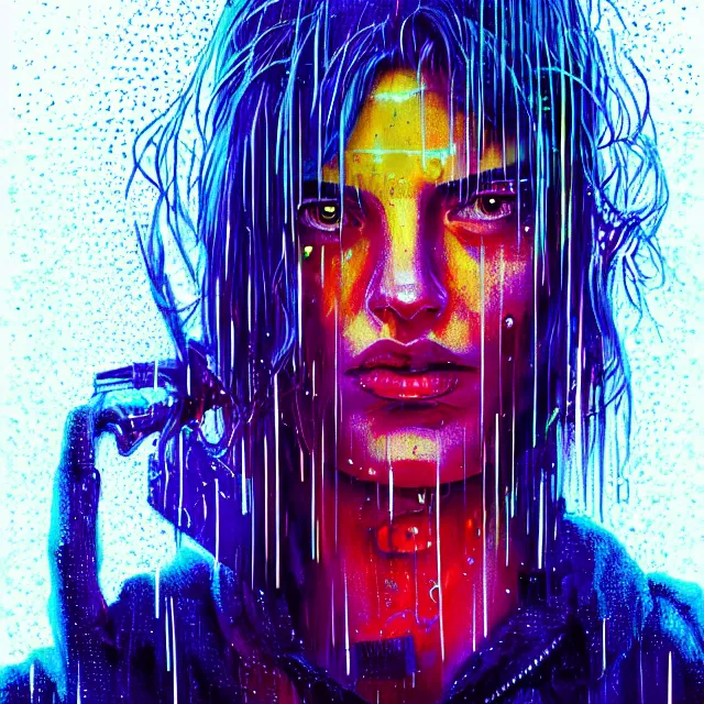 Image similar to bright aesthetic portrait LSD glowing backlit rain on face and wet hair, cyberpunk, overhead lighting, fantasy, intricate, elegant, dramatic lighting, highly detailed, lifelike, photorealistic, digital painting, artstation, illustration, concept art, smooth, sharp focus, art by John Collier and Albert Aublet and Krenz Cushart and Artem Demura and Alphonse Mucha