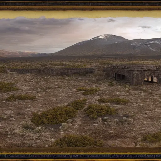 Prompt: An overgrown tower plaza in a barren Yukon landscape, highly detailed matte painting