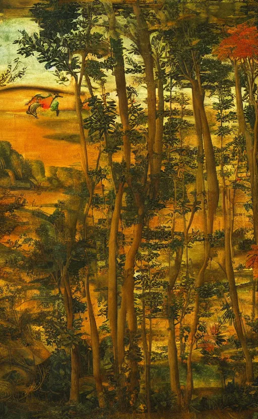 Prompt: mural depicting a beautiful sunrise over a lush forest during fall, in the style of sandro botticelli, caravaggio, albrecth durer