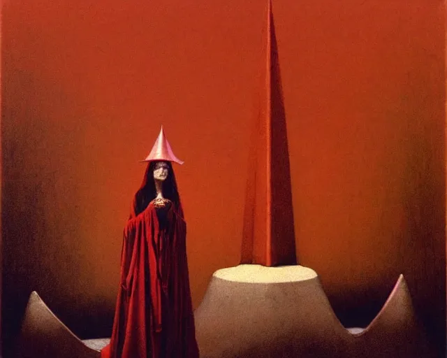 Prompt: devotion to the scarlet woman, priestess in a conical hat, coronation, ritual, sacrament, by francis bacon, beksinski, mystical redscale photography evocative, luxury, opulence, maximalism