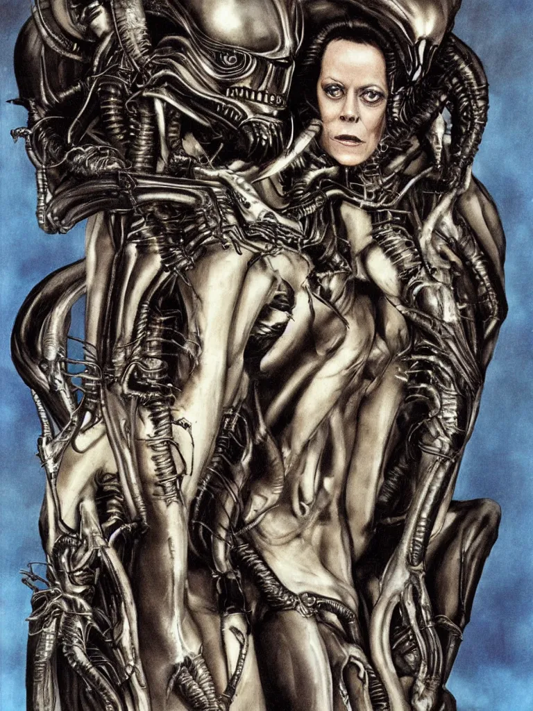 Image similar to sigourney weaver with a xenomorph alien queen by h. r. giger