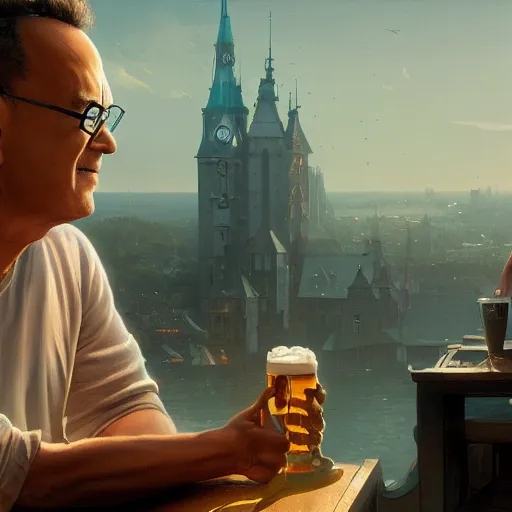 Image similar to tom hanks drinking a beer, highly detailed vfx portrait, unreal engine, greg rutkowski, loish, rhads, caspar david friedrich, makoto shinkai and lois van baarle, ilya kuvshinov, rossdraws, elegent, tom bagshaw, alphonse mucha, global illumination, detailed and intricate environment.