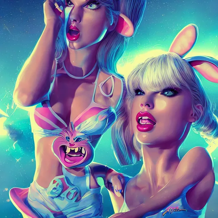 Image similar to portrait of Taylor Swift as Lola Bunny in Space Jam 1996. bunny ears. intricate abstract. intricate artwork. by Tooth Wu, wlop, beeple, dan mumford. octane render, trending on artstation, greg rutkowski very coherent symmetrical artwork. cinematic, hyper realism, high detail, octane render, 8k, iridescent accents