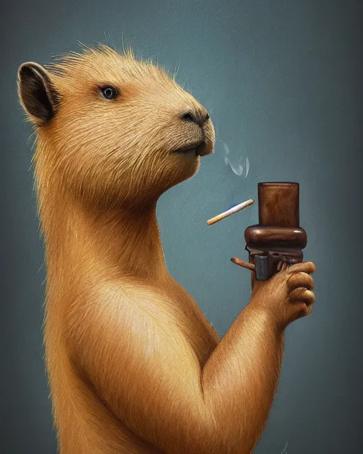 Image similar to oil painting of the profile side of a realistic anthropomorphized capybara holding a smoking pipe in his right hand, with old detective clothes, close shot, full body, dark steampunk mine shaft background, sharp focus, fantasy style, octane render, volumetric lighting, 8k high definition, by greg rutkowski, highly detailed, trending on art Station, dungeons and dragons artwork, centered