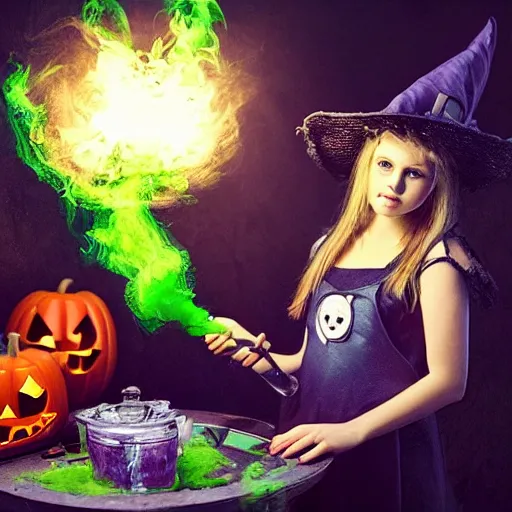 Image similar to teen witch mixing a spell in a cauldron, an owl is standing on the table, a cat is on the table, wispy smoke fills the air, a witch hat, cinematic, green glowing smoke is coming out of the cauldron, ingredients on the table, unorganized apothecary shelves in the background, kids halloween costume