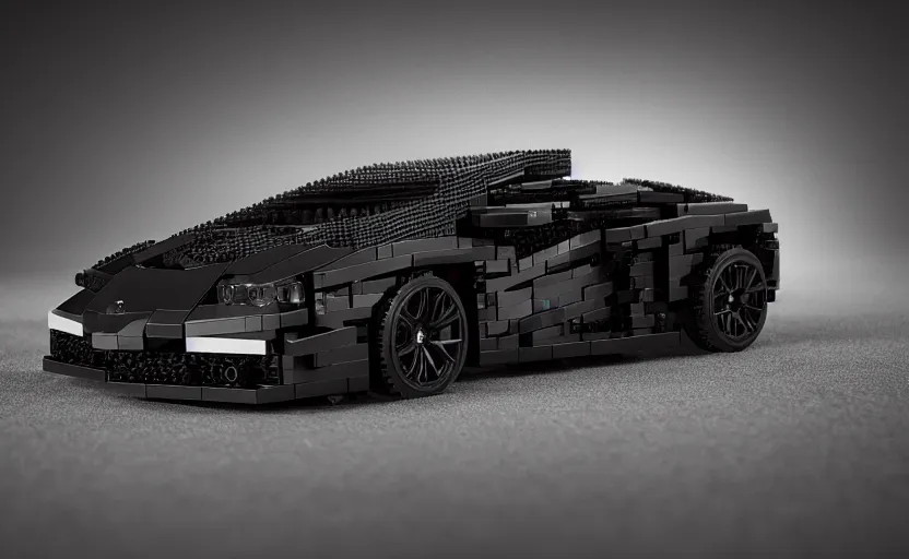 Image similar to black lamborghini in lego style. studio. soft light. dark background. cinematic. product shot. intricate. highly detailed