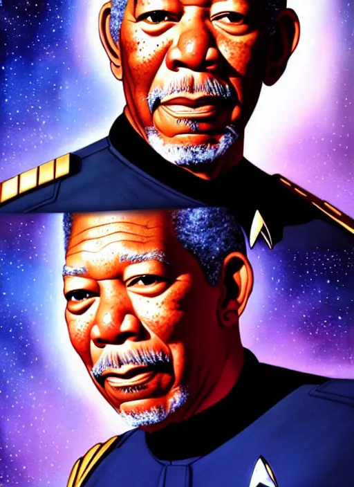 Image similar to cute star trek officer morgan freeman, natural lighting, path traced, highly detailed, high quality, digital painting, by don bluth and ross tran and studio ghibli and alphonse mucha, artgerm