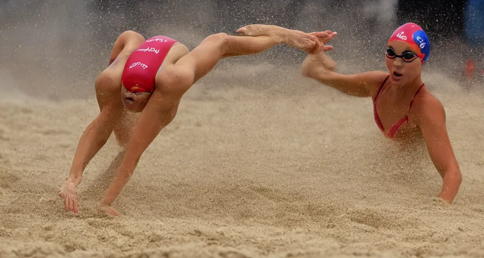 Image similar to olympic swimming in sand instead of water, extremely coherent, motion blur