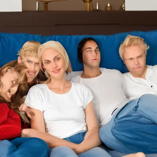 Prompt: white woman with blond pigtails sitting on a white couch with blue pillows. behind the couch is 5 men smiling.