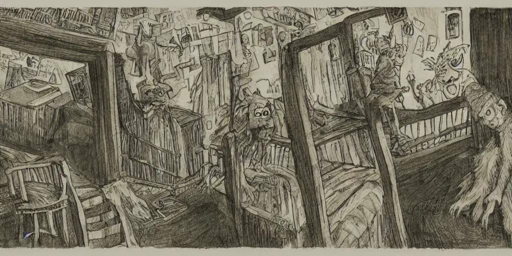 Prompt: Artwork by Maurice Sendak of the cinematic view of the Seventh Terrifying Prison.