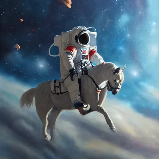 Image similar to award winning painting of an astronaut riding a horse in outer space, character art, sci-fi, high-detailed, vivid, trending on artstation