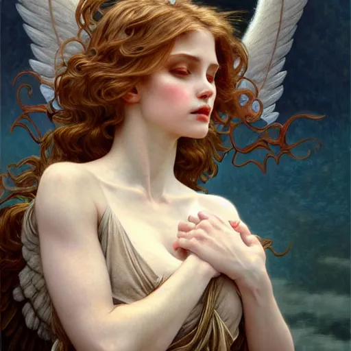 Image similar to Winged girl angel, face, fantasy, intricate, elegant, dramatic lighting, highly detailed, lifelike, photorealistic, digital painting, artstation, concept art, smooth, sharp focus, illustration, art by John Collier and Krenz Cushart and Artem Demura and Alphonse Mucha and and Albert Aublet