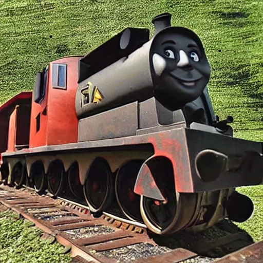 Image similar to german world war two artillery train with thomas the tank engine's face, old worn photograph