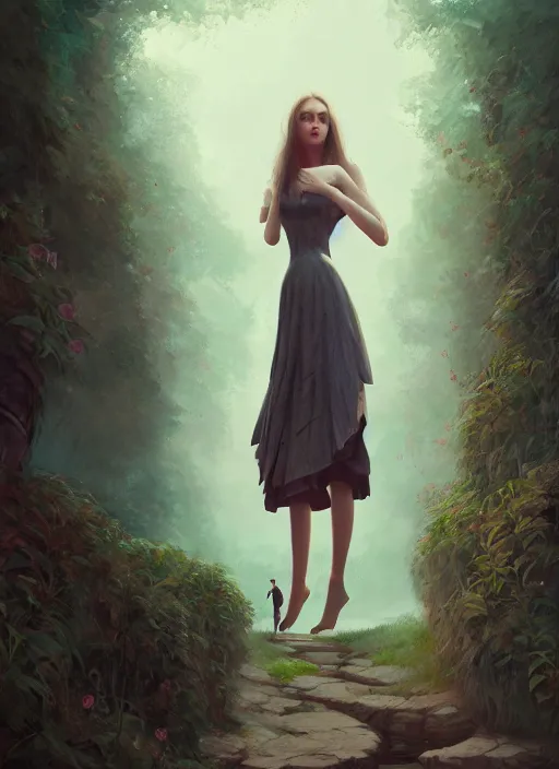 Image similar to alice wonderland detailed dress, half body shot, arms down, path traced, highly detailed, high quality, digital painting, alena aenami, arnold bocklin, tom bagshaw