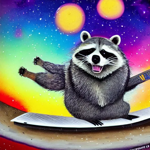 Prompt: fat raccoon skating through the cosmos, colorful