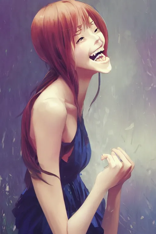 Image similar to a girl laughing gently, full shot, fine - face, realistic shaded perfect body, fine details. night setting. very anime style. realistic shaded lighting poster by ilya kuvshinov katsuhiro, magali villeneuve, artgerm, jeremy lipkin and michael garmash, rob rey and kentaro miura style, trending on art station