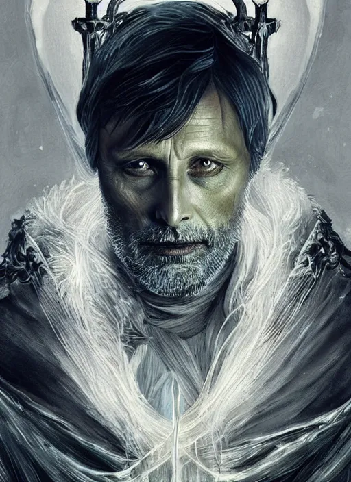 Prompt: Portrait of Mads Mikkelsen as a hexblade warlock aasimar, white glowing eyes, silver shaggy hair, short scruffy beard, cloak, teal ethereal tendril wings, male, fantasy, extremely detailed, digital painting, artstation, concept art, smooth, sharp focus, illustration, stunning lighting, art by artgerm and greg rutkowski and alphonse mucha and simon stalenhag, realistic character concept, high fantasy, light atmosphere, golden ratio, cinematic lighting, hyperdetailed, high resolution, insanely detailed and intricate, artstation, Marc Simonetti, Greg Rutkowski