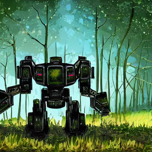 Image similar to giant metallic mech robot in the middle of a swamp, covered in many leaves and vines, digital painting, art