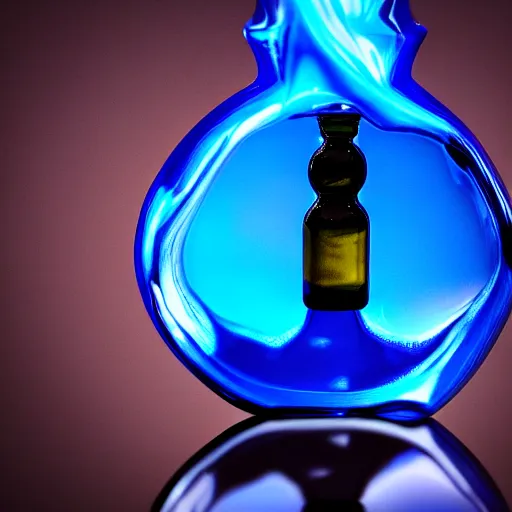 Image similar to blue flame in a bottle, 4 k, photography, highly detailed