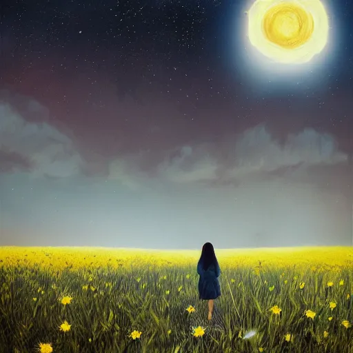 Image similar to giant daisy flowers as a head, girl walking in wheat field, hills, surreal photography, moon light, dark night, star trails, dramatic light, impressionist painting, clouds, digital painting, artstation, simon stalenhag