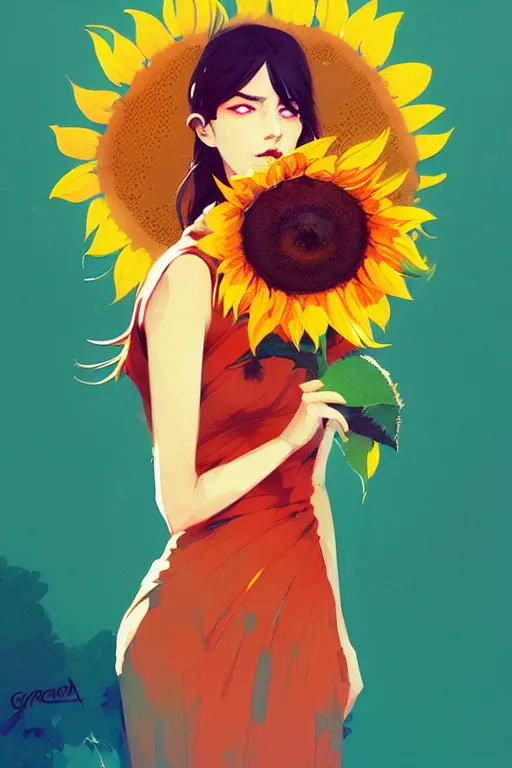 Image similar to a ultradetailed beautiful panting of a stylish woman holding a sunflower, by conrad roset, greg rutkowski and makoto shinkai, trending on artstation