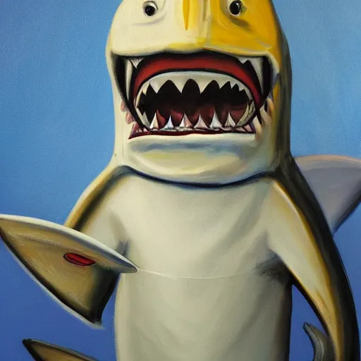 Prompt: Shark wearing a janitors outfit, high quality painting