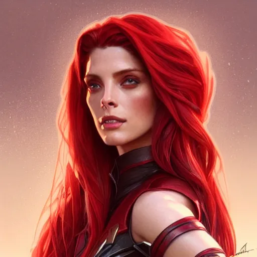 Prompt: Ashley Greene with red hair as Scarlet Witch, western, D&D, fantasy, intricate, elegant, highly detailed, digital painting, artstation, concept art, matte, sharp focus, illustration, art by Artgerm and Greg Rutkowski and Alphonse Mucha