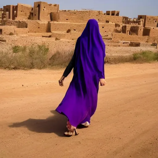 Image similar to low shot photo of feminine and lean arab woman wearing a long purple dress, wearing burqa, strutting, with najdi mud houses in the background, in the style of annie leibovitz amd steve meiele