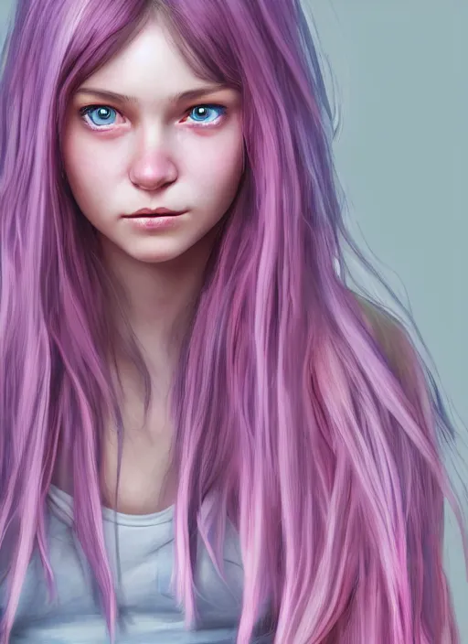 Prompt: highly detailed concept art for the main character in the award winning film named life is better in pink. the character is a unnaturally beautiful teenage girl with deep dark blue eyes, slight smile and long curled pink dyed hair, wearing light pink clothes. realistic cg render, anatomically correct, high key lighting, trending on art station, vibrant colors.