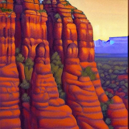 Image similar to sedona's cathedral rock bluff, oil painting at twilight, intricate lines, elegant, extreme detail, smooth, sharp focus, art by vermeer and edward church