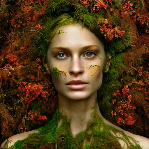 Image similar to beautiful portrait of a forest dryad, her skin made of moss, flowers growing from her head, golden sunlight, extremely detailed, hyperrealistic, photo by annie leibovitz, masterpiece, award-winning