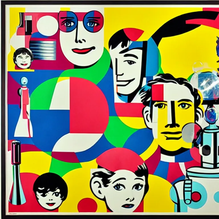 Image similar to ( ( ( ( ( a portrait of a robot family with soap bubbles, pop art ) ) ) ) ) by roy lichtenstein, claes oldenburg, james rosenquist, andy warhol and wayne thiebaud!!!!!!!!!!!!!!!!!!!!!!!!!!!!!!