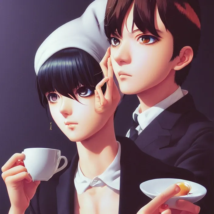 Image similar to portrait of a snobby young mexican socialite drinking an espresso, by range murata katsuhiro otomo, yoshitaka amano, nico tanigawa, and artgerm rendered with 3 d effect, sweet artpiece.