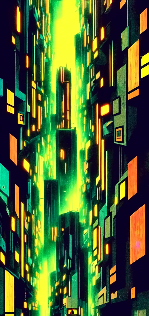 Image similar to post - minimalism, cyberpunk, abstract, slight cubism influence, bladerunner alley, iridescent, comic