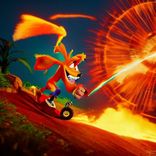 Image similar to crash bandicoot riding pegasus flying through a ring of fire, photo realistic, dramatic cinematic lighting, octane render, 4k, ultra detailed,