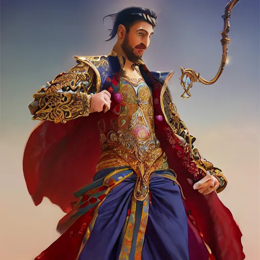 Image similar to charming arabian ( ( ( tailor ) ) ), dressed in fine colorful robes and jewelry over fantasy armor, goatee, smirking, holding a magic needle and spool, fantasy art by barret frymire and artem priakhin and wenjun lin and greg rutkowski and alphonse mucha, artstation, matte, illustration, intricate, highly - detailed high resolution