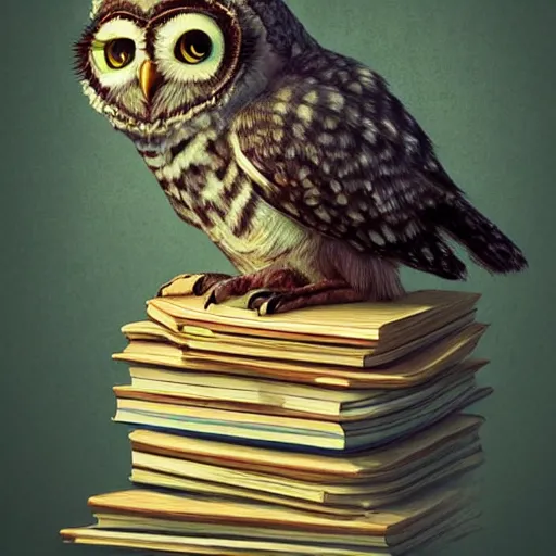 Prompt: long shot of a cute friendly owl sitting on a pile of books, by naoto hatori, by yoshita amano, by esao andrews, fancy illustration hyperrealistic, big depth of field, fresh colors, moody evening light, 3 d octane render conceptart, 4 k, highly detailed, trending on artstation