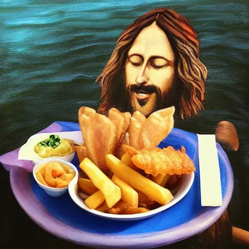 Prompt: “Jesus Christ is eating Stanton’s fish and chips in Durham” photograph, mixed media, painting, trending on instagram