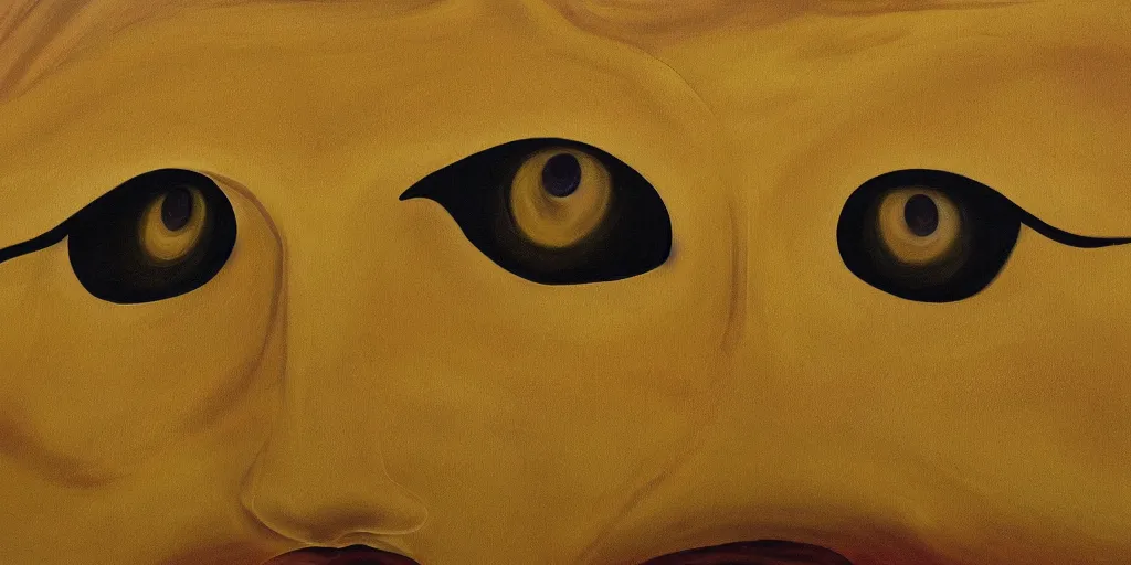 Image similar to a painting of giant buddahs eyes floating in the desert in gold color palette