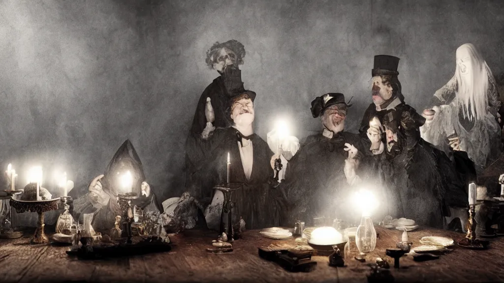 Prompt: a Victorian seance around a wooden table with crystal ball and ectoplasm and spirit manifestations, realistic photo, sharp focus, high detail, horror, spooky, gothic, Unreal Engine 5, trending on artstation