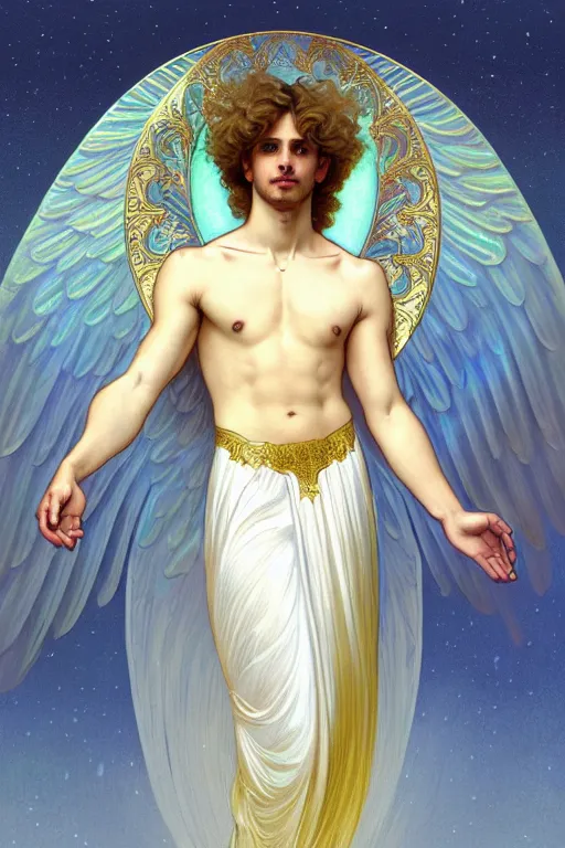 Prompt: fullbody portrait of a beautiful young fit male angel with curly blond hairs, soft smile, closed eyes, blessing palms, dressed in long fluent skirt, majestic symmetrical eagle wings, luminous halo, by greg rutkowski and alphonse mucha, gradient white to gold, in front of an iridescent background, highly detailed portrait, digital painting, smooth, soft outline, focus illustration