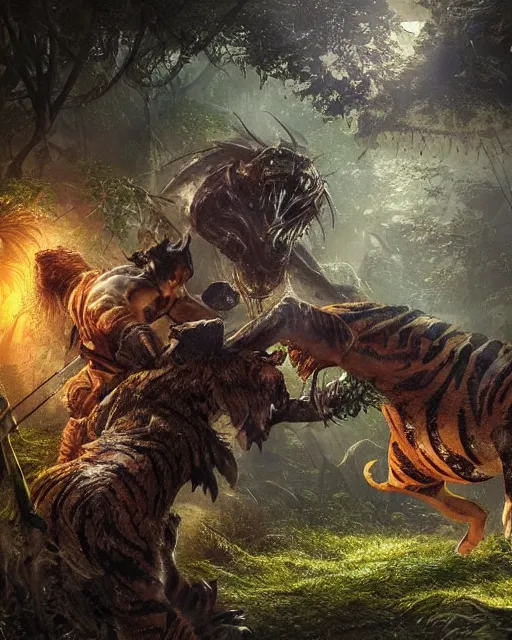 Image similar to a strong knight is facing a horrific, ravenous tiger in a densely overgrown, eerie jungle, fantasy, stopped in time, dreamlike light incidence, ultra realistic