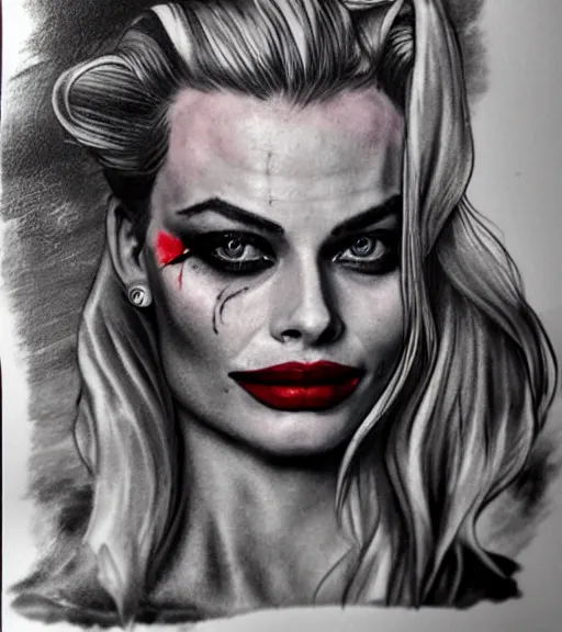 Image similar to tattoo design sketch of beautiful margot robbie portrait with joker makeup, in the style of den yakovlev, realistic face, black and white, realism tattoo, hyper realistic, highly detailed