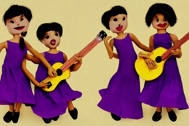 Prompt: conjoined twins wearing a purple dress holding a yellow ukelele, black hair
