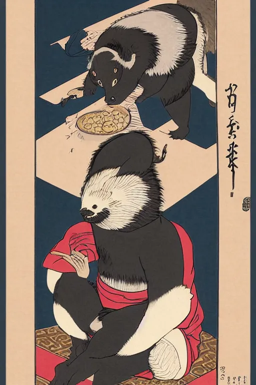 Image similar to ukiyo-e ukiyoe portrait of furry anthro anthropomorphic badger head animal person fursona wearing clothes sitting in a living room