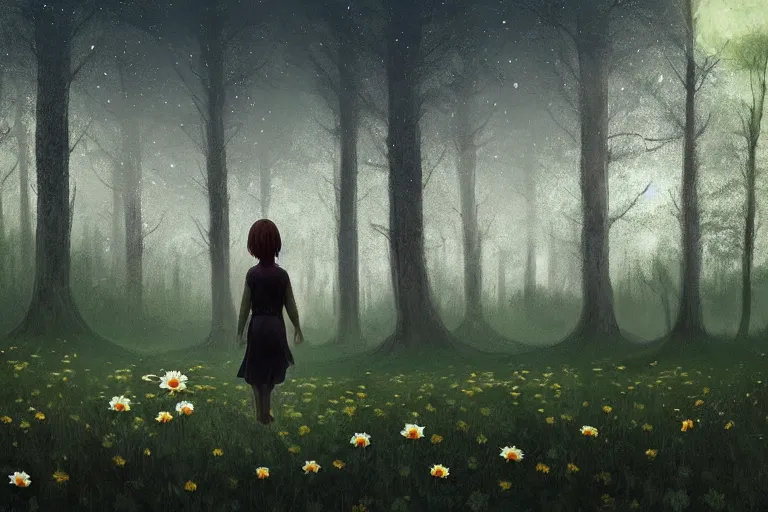 Image similar to giant daisy flower as face, girl walking in forest, surreal photography, dark night, stars, moon light, impressionist painting, clouds, digital painting, artstation, simon stalenhag