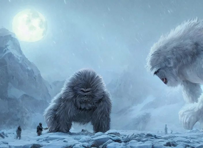 Image similar to giant yeti monster attacking a small alaskan village during a blizzard, highly detailed, digital illustration, artstation, concept art, matte, sharp focus, illustration, dramatic, full moon, art by artgerm and greg rutkowski and alphonse mucha