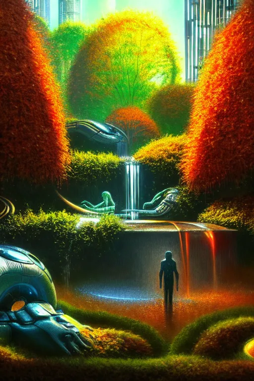 Prompt: futuristic garden glowing in autumn, marble fountains, small waterfalls, ecosystem, 1 9 8 0 s science fiction, 1 9 7 0 s science fiction, alien 1 9 7 9, cyberpunk, 3 d oil painting, depth perception, 4 k, artstation