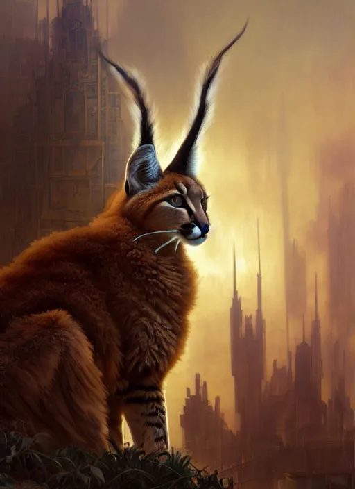 Prompt: a cute fluffy caracal, in postapocalypse city, diffuse lighting, fantasy, intricate, elegant, highly detailed, lifelike, photorealistic, digital painting, artstation, illustration, concept art, smooth, sharp focus, art by john collier and artem demura and albert aublet and krenz cushart and alphonse mucha